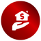Round red with a house icon with dollar bill held up by a hand