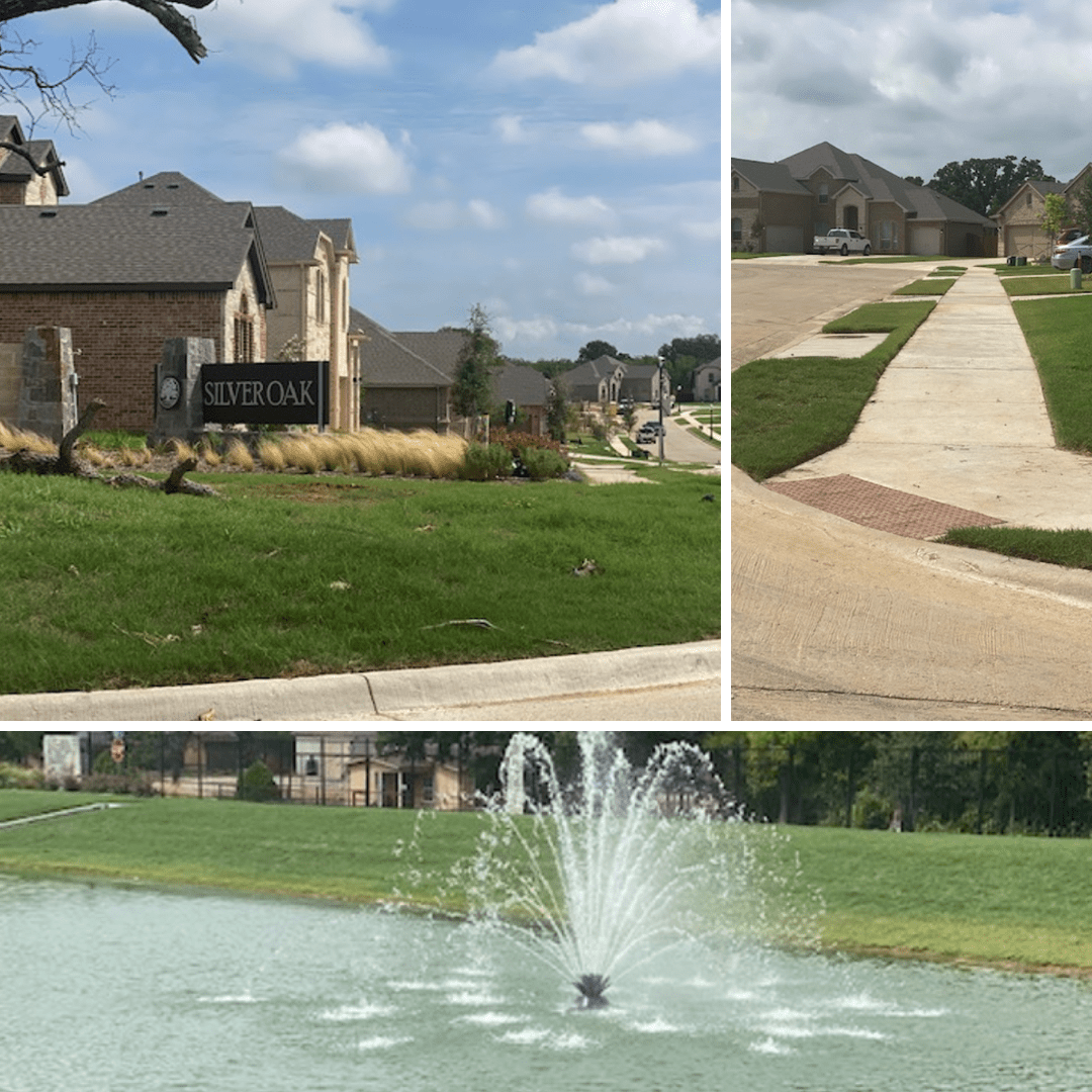 3 pictures of Silver Oak subdivision in Mansfield Texas One shows a row of brick colonial homes one shows the cul de sac and one shows a community lake with fountain