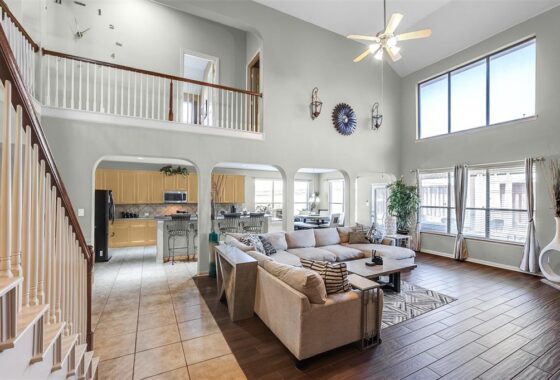 Spacious living room with modern decor.